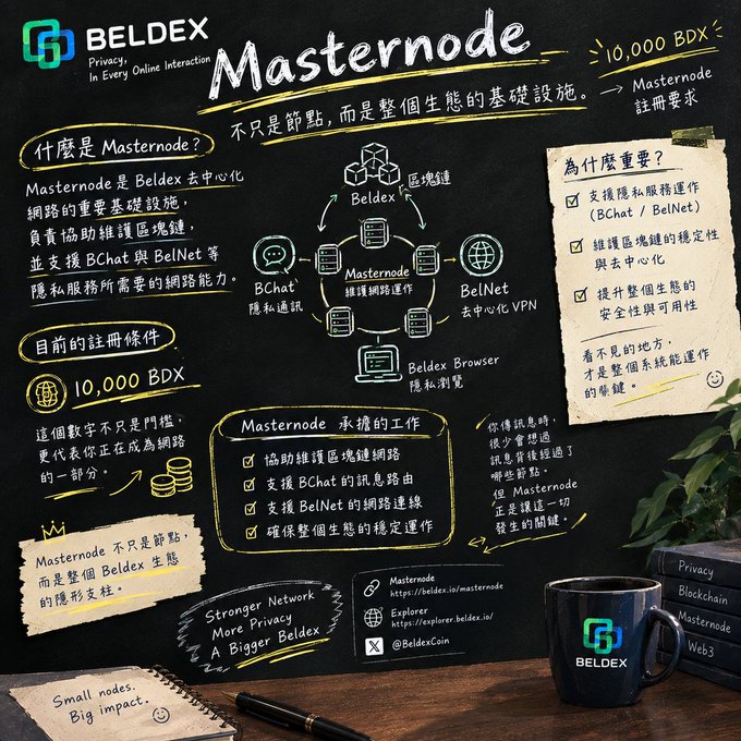 An educational infographic about Beldex Masternode written on a chalkboard style background, explaining the 10,000 BDX registration requirement, its role in supporting BChat, BelNet, and the Beldex Browser, and promoting a stronger, more private network with the tagline 'Small nodes. Big impact.'