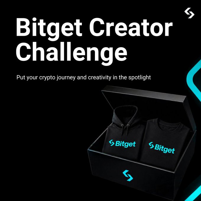 A promotional banner for 'Bitget Creator Challenge' with text 'Put your crypto journey and creativity in the spotlight,' showing a black gift box containing Bitget-branded hoodie and t-shirt.