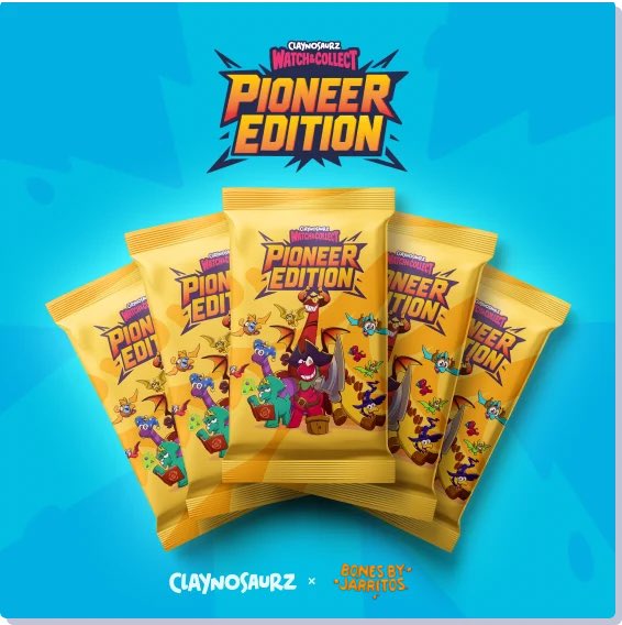 Promotional image for 'PIONEER EDITION' collectible packs by Claynosaurz and Jabrios, displaying five yellow foil packs featuring colorful dinosaur characters on a blue background.