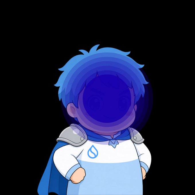 A chibi-style cartoon character with blue hair and a blue cape stands against a black background, with their face obscured by a purple circular logo.