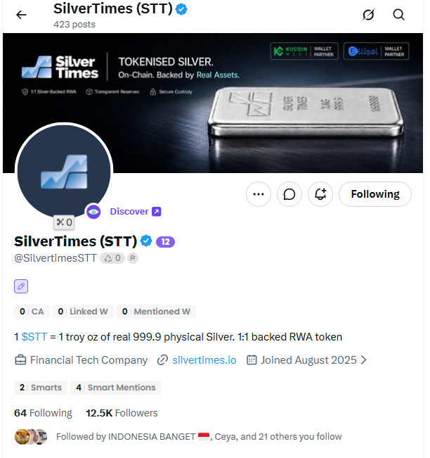 A Twitter/X profile for 'SilverTimes (STT)' @SilvertimesSTT, describing itself as a Financial Tech Company with $STT backed by real silver, partnered with KuCoin and Bitget.