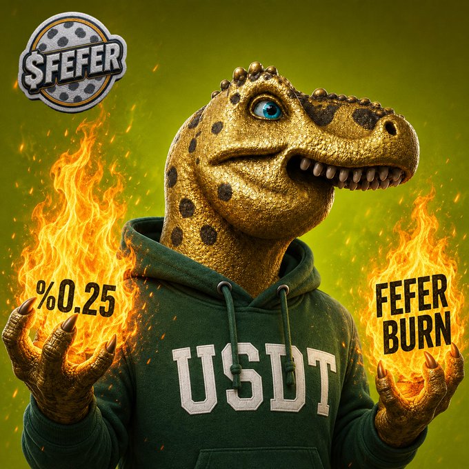 A promotional image featuring a dinosaur wearing a green 'USDT' hoodie, surrounded by flames, with text reading '%0.25', 'FEFER BURN', and a 'SFEFER' logo.