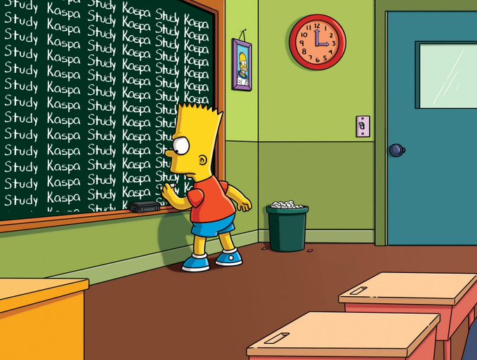 Bart Simpson writes 'Study Kaspa' repeatedly on a classroom chalkboard.