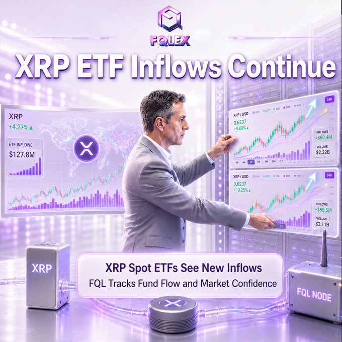 A man in a suit stands in a futuristic data center analyzing large screens displaying XRP ETF inflows of $127.8M with the ticker showing +4.27%, while the graphic promotes FQL Exchange's tracking of XRP Spot ETF fund flows and market confidence.