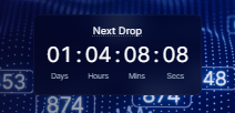 Countdown timer showing 01 day, 04 hours, 08 minutes, and 08 seconds until a 'Next Drop' on a dark blue digital background.