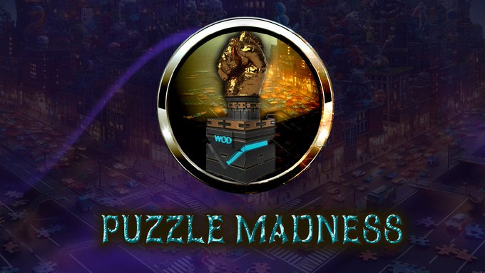 The image features a logo for a puzzle game called "Puzzle Madness" with a large gold trophy displayed at its center, surrounded by blue lights that create an illusion of fire. The text above the trophy reads "10 pieces. 2 hours. One mission. $WOD powered. Puzzle Madness is always on." This suggests that the game requires players to complete various puzzles and challenges within a limited time frame in order to progress through the levels and ultimately reach the gold trophy at the end.
