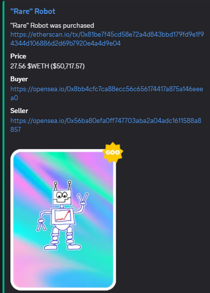 An NFT listing for a 'Rare' Robot that was purchased for 27.56 $WETH ($50,717.57), with Etherscan and OpenSea transaction links provided, featuring an illustration of a robot on a colorful background.