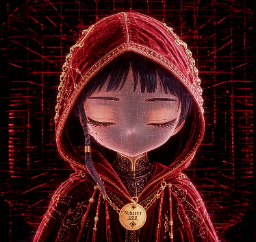A stylized artwork depicts a figure in a red hooded cloak with eyes closed, wearing a gold pendant labeled 'SUBJECT 002' against a dark red background.