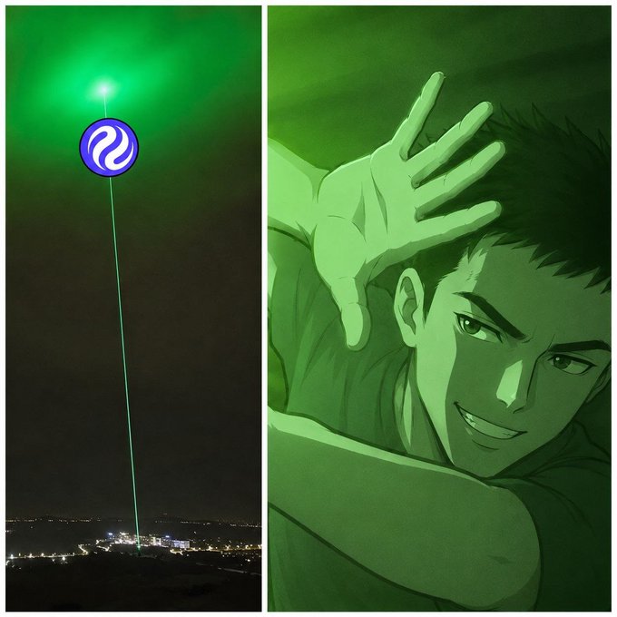 Split image with green-tinted artwork showing an anime character with his hand raised on the right, and on the left a green laser beam projecting the Injective logo into the night sky.