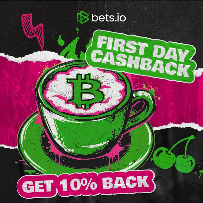 The image features a cup of coffee with a green hash symbol, which is placed under an advertisement for a Bitcoin Cashback scheme. The post encourages users to deposit 20 US dollars on the first day they use the service and get 10% back. This means that if someone uses the Bitcoin Cashback system on the first day, they will receive ten times their initial investment as a cashback reward.