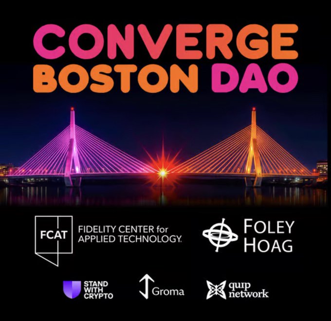 Nearly identical promotional graphic for 'CONVERGE BOSTON DAO' with the same bridge imagery and sponsor logos (FCAT, Foley Hoag, Stand With Crypto, Groma, Quip Network), appearing to be a lower-resolution version.