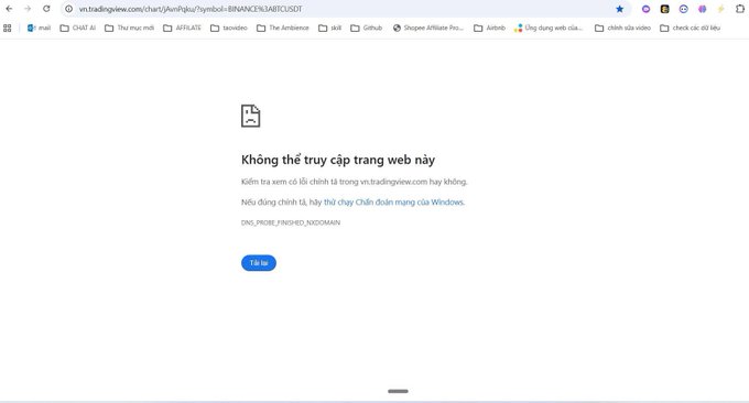 A screenshot of a 'DNS_PROBE_FINISHED_NXDOMAIN' error page in Vietnamese indicating that 'vn.tradingview.com' cannot be accessed.