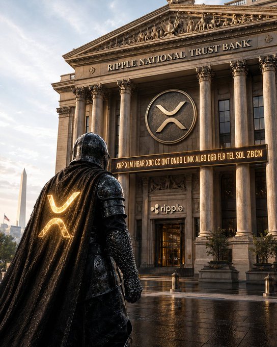 A knight bearing a glowing XRP emblem stands before the grand "Ripple National Trust Bank," displaying a ticker scroll listing XRP, XLM, HBAR, XDC, CC, QNT, ALGO, DGB, FLR, TEL, SOL, ZBCN, and LINK—mirroring the post's message of looking past short-term red screens to focus on long-term blockchain adoption and technological growth.