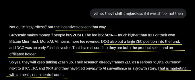 The image shows a critical analysis highlighting Grayscale's financial incentive to promote ZCSH, noting a "2.50%" fee and DCG's dual position as both product seller and affiliated holder of Zcash. The accompanying post reflects on feeling unable to convince people who bought ZCSH at the top based on Grayscale's bullish marketing.