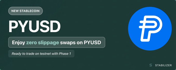 The image features a green banner with white text that reads "New stablecoin PyUSD" and "Enjoy zero slipage swaps on PyUSD". The banner also includes an announcement about a new stablecoin, which is being tested for phase 1 of trading. The main focus of this announcement is the stability of the new stablecoin, as it has been approved by the Post office Stability Research Center (POST) to be used in their stablecoins.