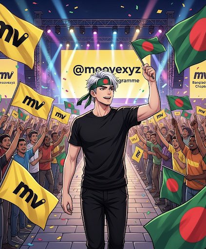 The image features a man holding up two flags - one red and white (possibly representing Bangladesh) and another yellow with black text that says "MOVE XYZ". The man appears to be standing in front of a crowd, possibly at an event or gathering. The caption above the image reads "@moovexyz Regional Ambassador Programme is opening for Bangladesh on 3rd July. Personally, I see @moovexyz as a project with strong potential to become one of the leading wallets in the space in the future. The focus on usability, cross-chain access, and user experience".