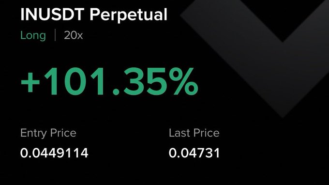 A trading screenshot showing a long position on the INUSDT Perpetual pair with 20x leverage, displaying a +101.35% gain from an entry price of 0.0449114 to a last price of 0.04731, supporting the post's claim of being 101% up on $IN.