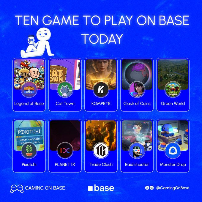 A promotional graphic titled 'TEN GAME TO PLAY ON BASE TODAY' showcasing ten game tiles including 'Legend of Base', 'Cat Town', 'KOMPETE', 'Clash of Coins', 'Green World', 'Pixotchi', 'PLANET IX', 'Trade Clash', 'Raid shooter', and 'Monster Drop'.