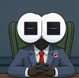 An animated cartoon character with oversized white eyes, wearing a blue suit with a red tie and a small pin on the lapel, sits at a desk with hands clasped.