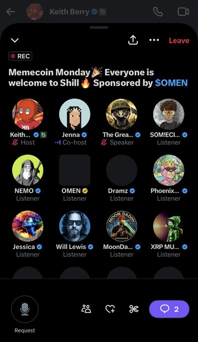 A screenshot of a Twitter Spaces recording titled 'Memecoin Monday 🥂 Everyone is welcome to Shill 🔥 Sponsored by $OMEN', featuring hosts Keith and Jenna with various crypto community listeners.