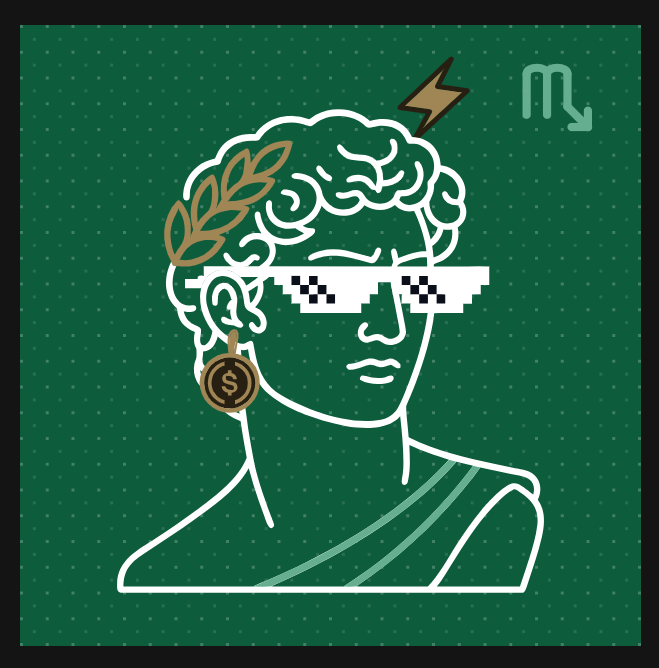 A minimalist line-art illustration on a green background depicts a Greco-Roman bust wearing "thug life" pixelated sunglasses, a golden laurel wreath crown, a dollar sign earring, and a lightning bolt above its head, with a small Scorpio zodiac symbol in the upper right corner. The image's "deal with it" aesthetic and money/lightning motifs visually convey the post's excitement about scoring a rare NFT (rarity #59) in the AKARII mint, celebrating the financial win and nostalgia for DN404 tokens.