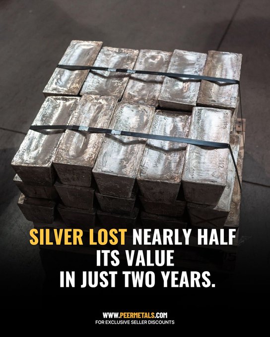An advertisement from PEERMETALS.COM featuring stacked silver bars bound with black strapping, with text reading 'SILVER LOST NEARLY HALF ITS VALUE IN JUST TWO YEARS.'