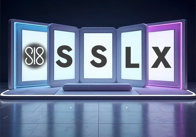 The image features a neon-lit stage with illuminated panels displaying "SL8" alongside the letters "SSLX," visually echoing the post's "SL8" reference. The futuristic display symbolizes the expansion of on-chain assets and cross-chain connectivity discussed in the text.