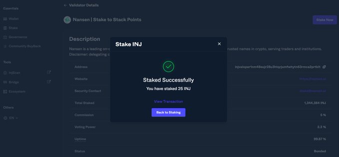 A screenshot of a crypto staking platform showing a "Staked Successfully" confirmation for 25 INJ on the Nansen validator.