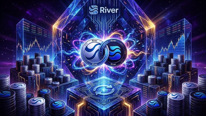 The image features a vibrant graphic scene that depicts the currency, Ripple, being introduced at an event. A striking blue structure, shaped like a cube with two blue circles on top, dominates the center of the display. Surrounding this central focal point are numerous stacks of coins, each representing different value points in the currency. These coins are scattered throughout the scene, some overlapping or resting nearby, creating a sense of abundance and interconnectedness within the space. Above the main cube structure, the word "RIVER" is prominently displayed in white letters, tying together the various elements and reinforcing the overall theme of Ripple as a currency exchange platform. The layout of the image appears to be well-organized, with each object clearly labeled or associated with its value point, helping viewers understand the concept of Ripple trading more easily.