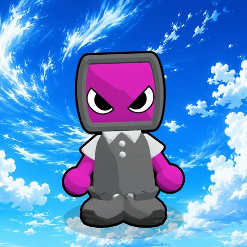 A 3D-rendered character with a pink, screen-like head featuring an angry face floats against a backdrop of a bright blue sky with scattered clouds.