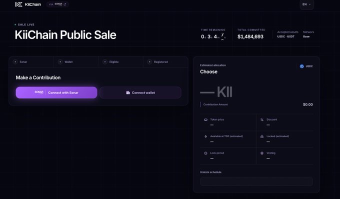 Screenshot of the KiiChain Public Sale dashboard showing a total committed amount of $1,484,693 with 0.3 days remaining and options to connect with Sonar or a wallet.