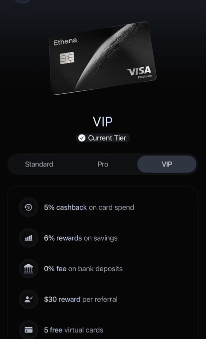 A dark-themed mobile app screen showing an 'Ethena' Visa Platinum card and the 'VIP' current tier benefits, including 5% cashback and 6% rewards on savings.