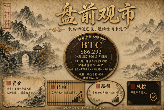 A pre-market analysis poster featuring traditional Chinese landscape artwork shows Bitcoin (BTC) at $86,292 against a resistance of $90,000, highlighting an after-hours peak of $87,300, with current spot ETF net inflows of $999M. The visual reinforces the post's analysis of BTC's rally driven by institutional ETF inflows, breaking down capital flows ($999M), structure (8.44 billion positioning), path ($85,000-$87,300), and risk management in classic scroll-and-seal format.