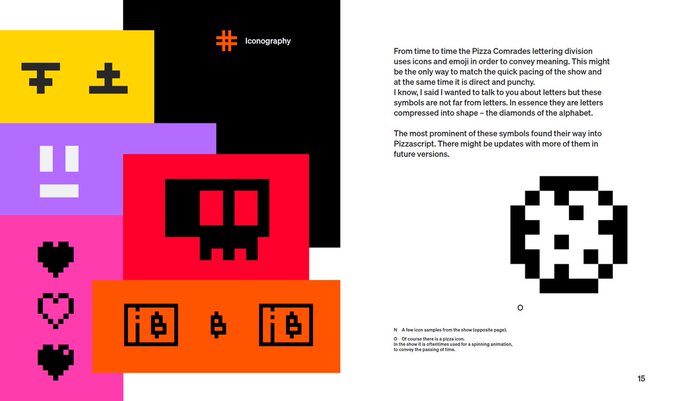 The image features a poster or book cover for a pizza restaurant called Pizza Script, which has a unique design with various shapes and colors. The text on the cover includes phrases such as "From here to there" and "Stop consuming, start creating!". There is also a reference to a manual that comes with the font, suggesting that the creator of the Pizza Script logo wanted to share their inspiration or techniques for designing the logo.