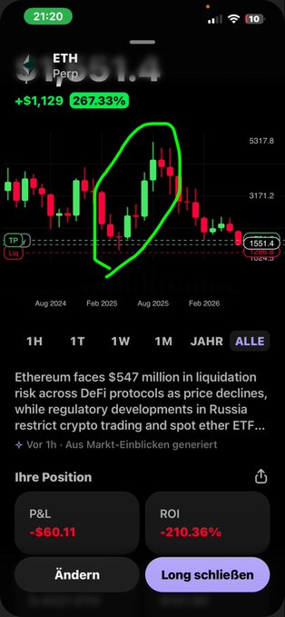 The image shows a black phone screen displaying financial market information, including a chart of stock prices for Etherum (ETH) and another currency like DFR or USDC. The chart is showing a downward trend, indicating potential risk as there are risks associated with exchanging these kinds of assets. It appears the viewer might be seeking advice on how to react to this situation in terms of trading.