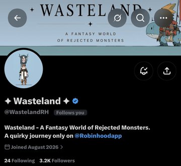 A profile page for 'Wasteland' (@WastelandRH), described as 'A Fantasy World of Rejected Monsters,' verified and following 24 with 3.2K followers.