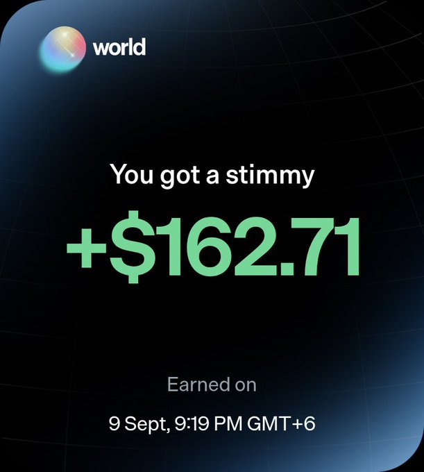 A World App notification displaying a $162.71 reward ("You got a stimmy") earned on 9 September at 9:19 PM GMT+6, matching the post celebrating the receipt of $162 from World.