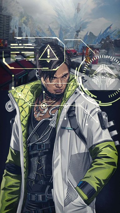 Stylized video game artwork featuring a dark-haired character in a white and green jacket, overlaid with holographic UI elements including a warning icon and a symbol resembling a stylized mountain or letter M.
