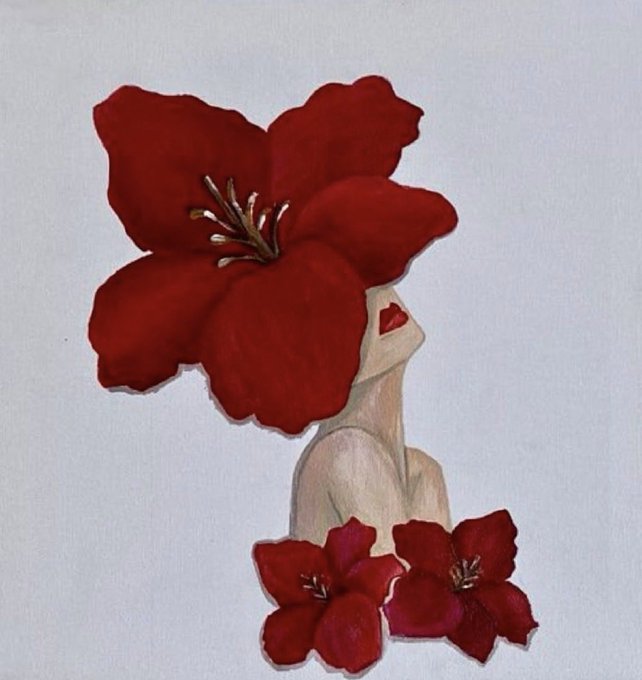 An artistic illustration of a figure with a large red flower for a head, accompanied by two smaller red flowers at the base, rendered against a pale background.
