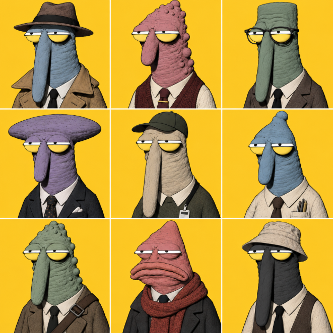 A 3x3 grid showing nine cartoon characters with elongated heads, droopy expressions, and varied hats and clothing in different colors against yellow backgrounds.
