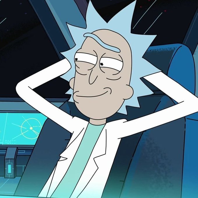 A cartoon image of Rick from the animated series Rick and Morty, shown with his hands behind his head and a relaxed expression.