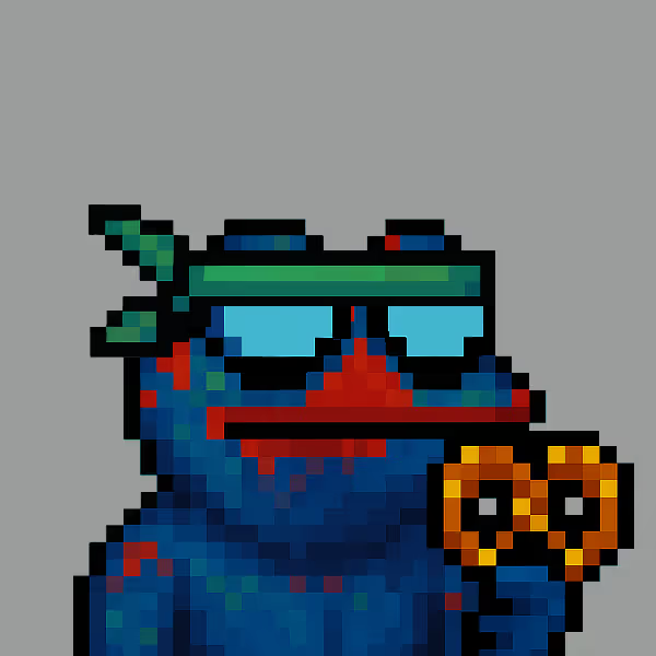 Pixel art rendering of a blue-skinned character wearing green sunglasses with a small dagger accessory, displayed against a gray background.