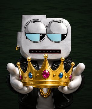 A blocky, wide-eyed cartoon character wearing a gold chain holds up a jeweled golden crown, symbolizing generosity and royalty in Web3. The regal imagery aligns with the post celebrating DROUPZ and the H00dle team's donations to support children through Adam Weitsman's charity efforts.