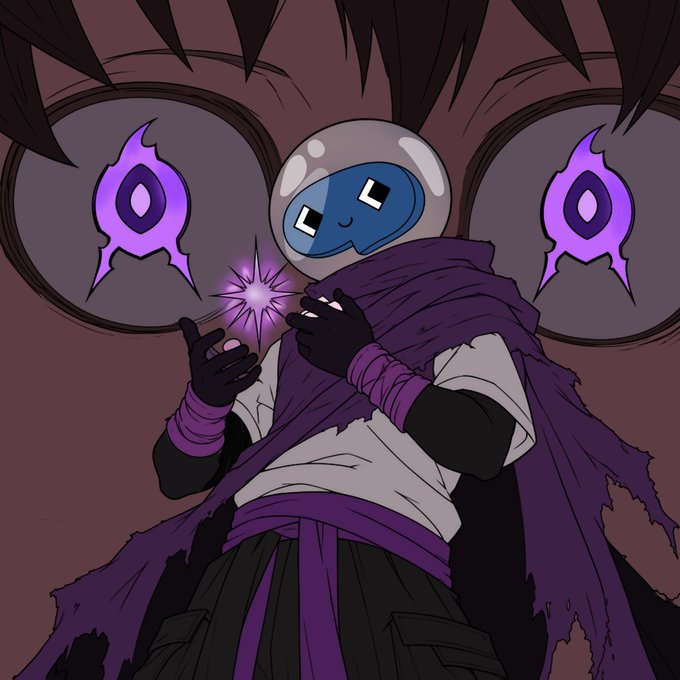 Image 3: An anime-style illustration of a character wearing a purple scarf, with a blue slime mascot on their head, casting purple magic, standing before a large face with glowing purple eyes.
