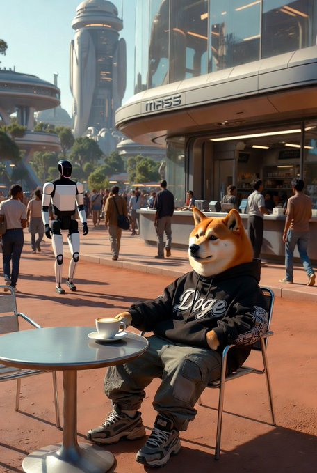 The image features a mannequin dressed as a dog sitting at an outdoor table with a cup of coffee. The mannequin has a hooded sweatshirt, jeans, and sneakers, giving off a hipster vibe. In the background, there are several people walking around, some carrying handbags or backpacks. A large building can be seen in the distance, adding to the urban setting. The post includes text that reads "GM $DOGE Legends! GM CX Happy Friday, Fam! Dogecoin to Mars!".