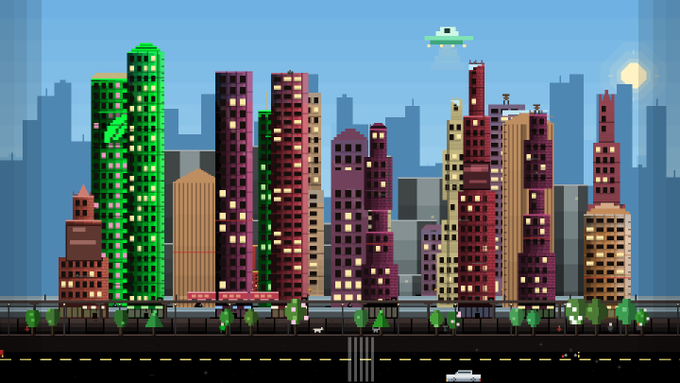 A pixel art style illustration of a city skyline featuring various colorful skyscrapers in shades of green, purple, red, and tan. A UFO flies in the blue sky above, while a road with tiny cars and trees runs along the bottom.