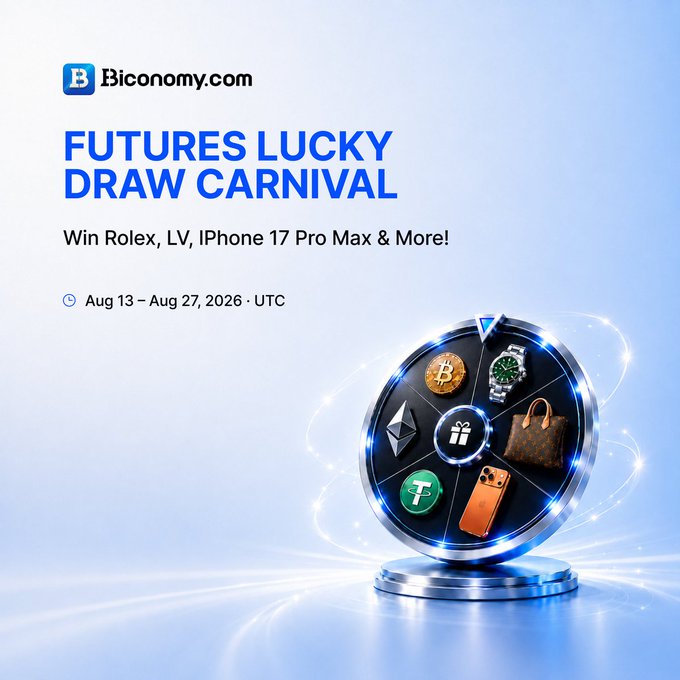A promotional banner for a 'FUTURES LUCKY DRAW CARNIVAL' on Biconomy.com running from Aug 13 – Aug 27, 2026, featuring a prize wheel displaying items like Bitcoin, a Rolex watch, a Louis Vuitton bag, Ethereum, Tether, and an iPhone.