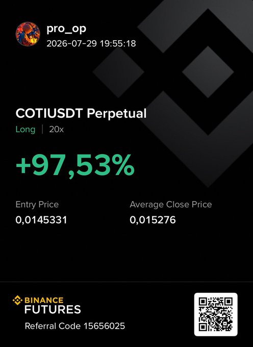 A Binance Futures trading screenshot showing a highly profitable COTIUSDT perpetual long position with 20x leverage that gained +97.53%, with entry price 0.0145331 and average close price 0.015276, attributed to user "pro_op" dated 2026-07-29.