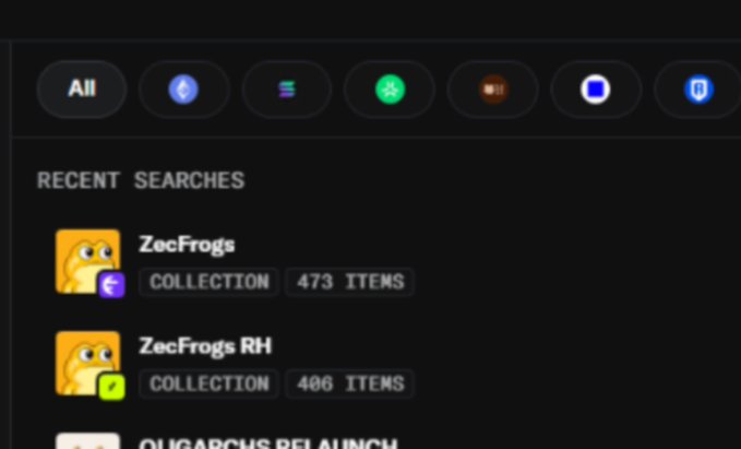 Screenshot showing a dark-themed interface with 'RECENT SEARCHES' listing 'ZecFrogs' (473 ITEMS, COLLECTION) and 'ZecFrogs RH' (406 ITEMS, COLLECTION), along with category icons at the top.
