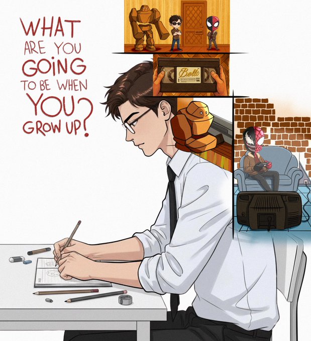 The image features a cartoon illustration of a man sitting at a desk with a pencil and paper, drawing a picture. The scene includes a book titled "What are you going to be when you grow up?" above him, suggesting that he might have an interest in Web3 technology or cryptocurrency. The post also mentions the intersection of art and web3 tech, which could indicate that the artist is intrigued by this emerging field or wants to explore its potential applications for their artwork.